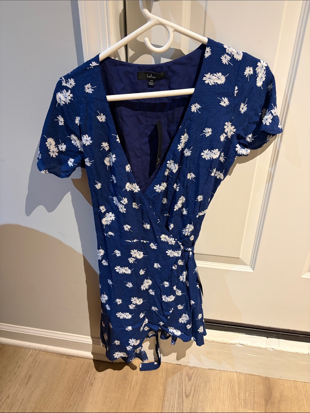 Lulus Days in the Sun Navy Blue Floral Mini Wrap Dress